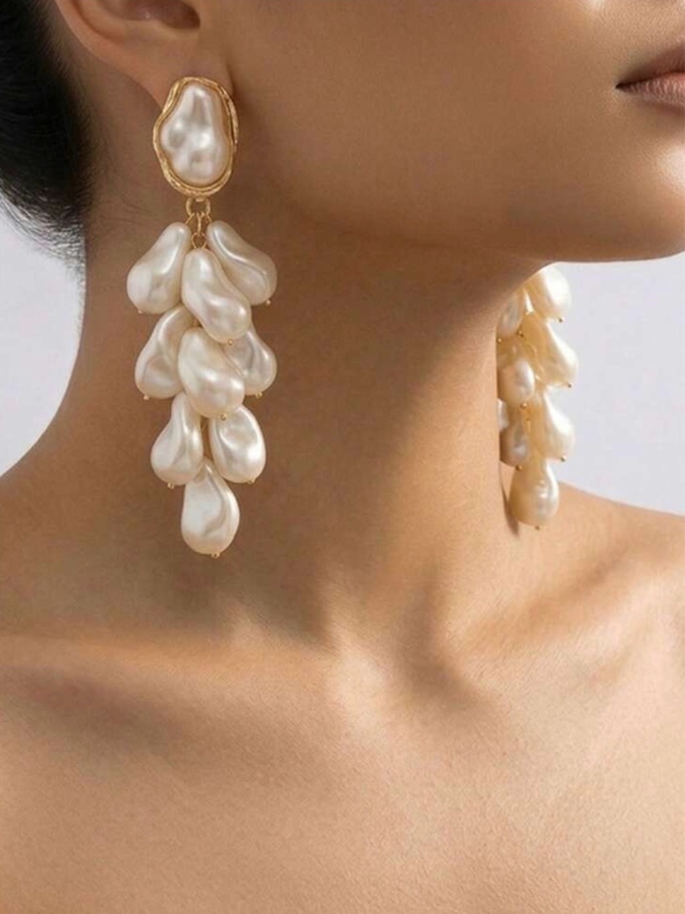 Gold & Pearl Drop Cluster Earrings - White Pearlescent